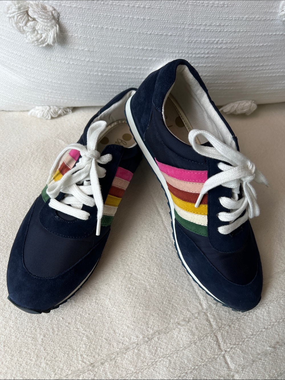 Boden Navy Sneakers with Pink, Red, Yellow & Green Stripes